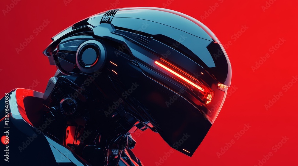 Sleek Futuristic Robot Head, Red Background - Futuristic robot, sleek design, red lighting, artificial intelligence, technology. Sleek Futuristic Robot Head, Red Background - Futuristic robot, sleek design, red lighting, artificial intelligence, technology.