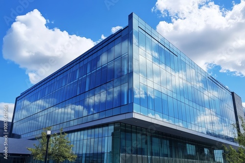 Sky Reflection in Modern Glass Building - Stunning image of a modern glass building reflecting a blue sky and fluffy white clouds. Symbolizes innovation, progress, technology, success, and architectur