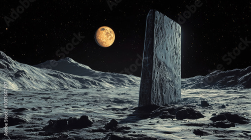 Mysterious monolith on the moon illuminated by a celestial body during a tranquil night sky. Generative AI