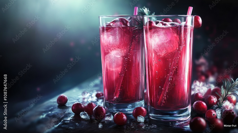 Two refreshing red drinks with ice and cranberries, set against a dark background. Two refreshing red drinks with ice and cranberries, set against a dark background.