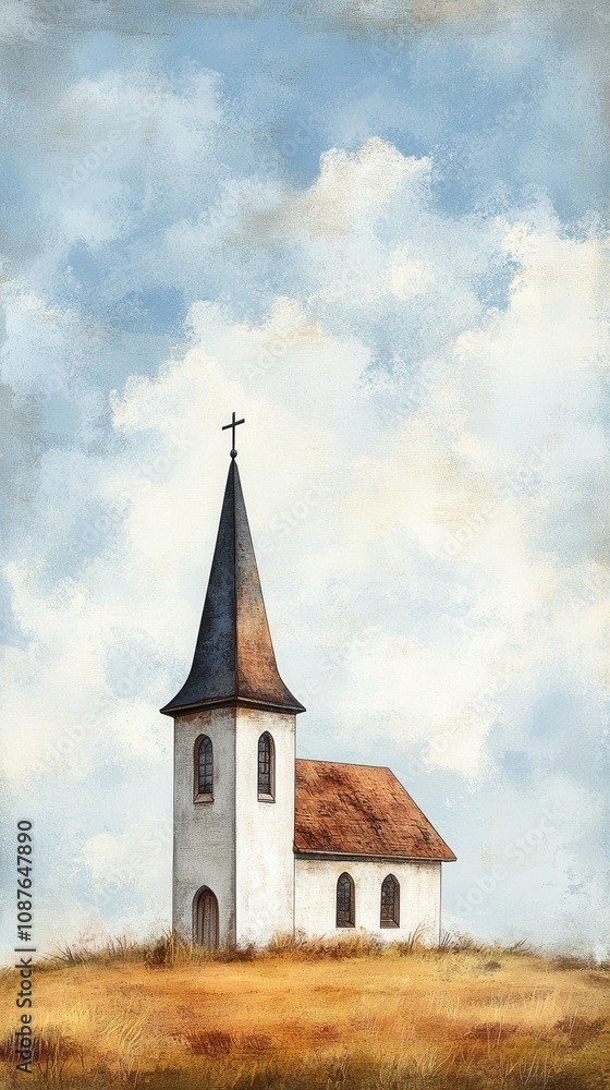 Fototapeta premium A small chapel with a unique steeple stands under the open sky, inviting reflection