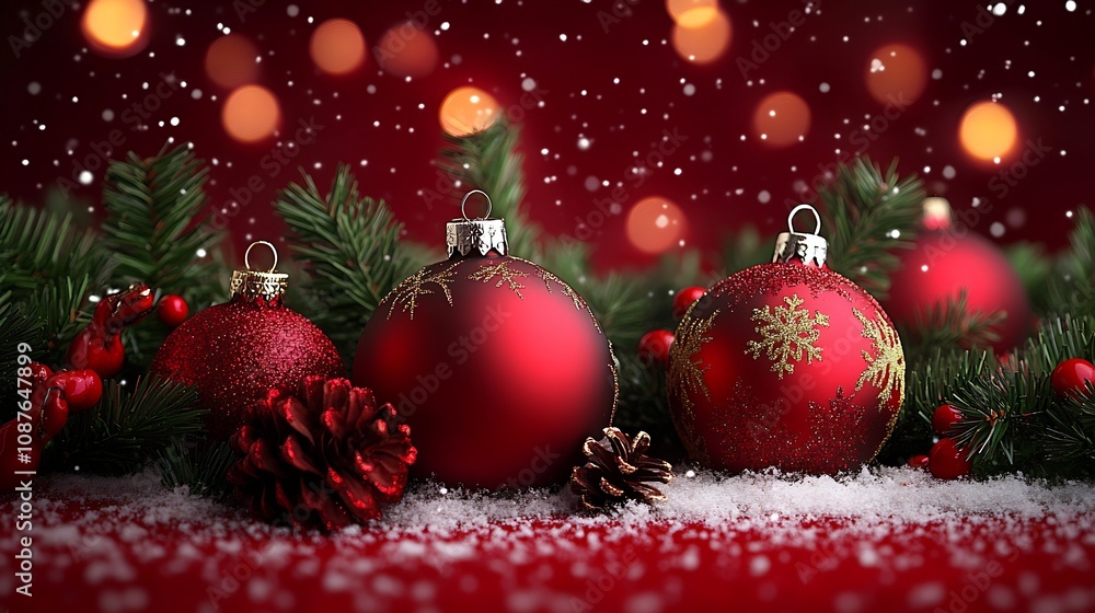 Classic Red Christmas Balls with Pine Cones and Snowy Background : Generative AI Classic Red Christmas Balls with Pine Cones and Snowy Background : Generative AI