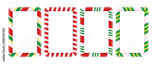 Candy canes rectangular frames set. Christmas striped seamless borders.