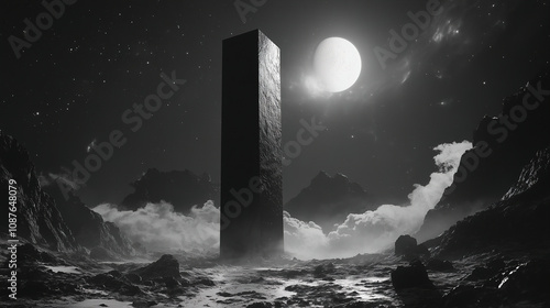 Mysterious monolith stands tall in a barren landscape under a bright moon at night. Generative AI photo