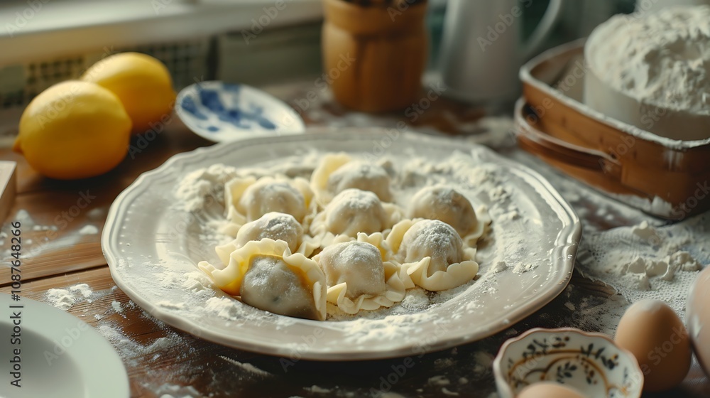 Homemade dumplings with lard on a plate on the kitchen counter Homemade dumplings with lard on a plate on the kitchen counter