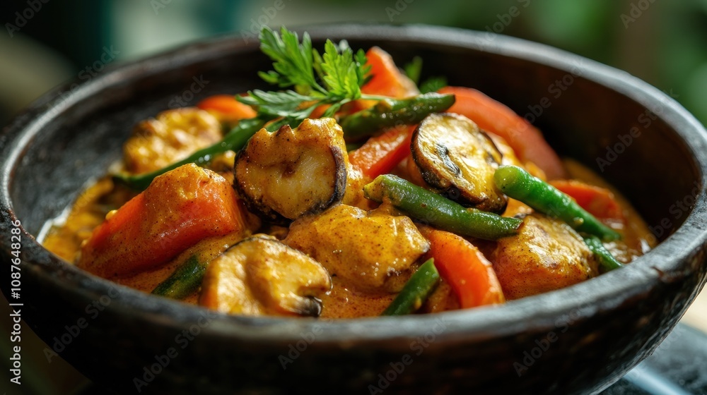 A vibrant dish featuring seafood, vegetables, and herbs in a rustic bowl. A vibrant dish featuring seafood, vegetables, and herbs in a rustic bowl.