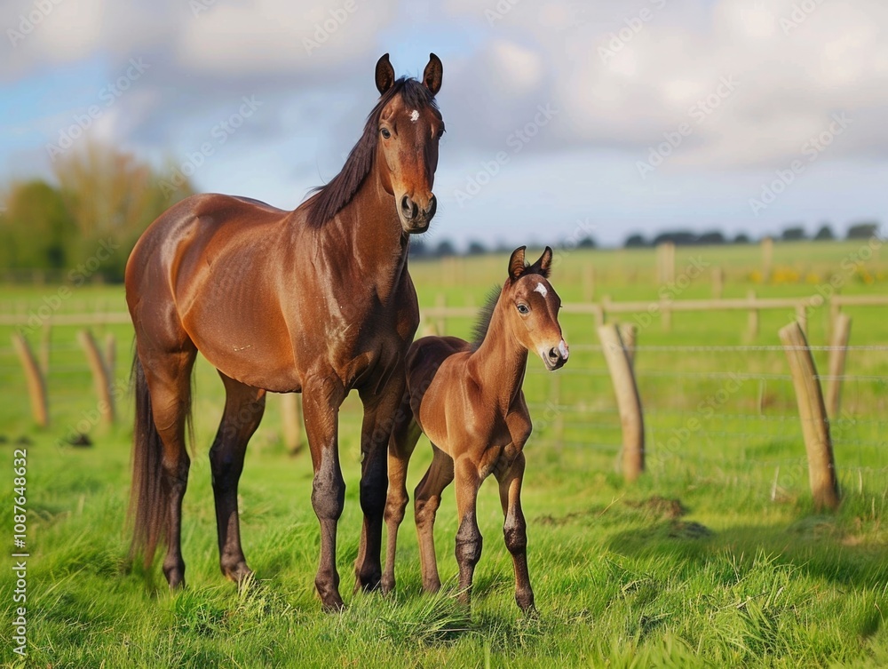 Mare Horse. Foal Nursing From Mare in Irish National Stud, County Kildare, Ireland Mare Horse. Foal Nursing From Mare in Irish National Stud, County Kildare, Ireland