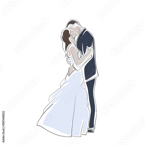 Wedding, bride and groom kissing, line art, isolated vector drawing illustration photo