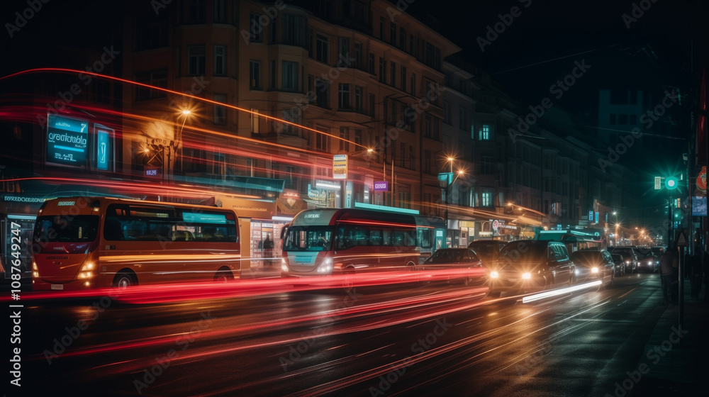 A city at night with long exposure light trails from cars and buses, colorful streaks of red and yellow lights moving across a dark urban street, A city at night with long exposure light trails from cars and buses, colorful streaks of red and yellow lights moving across a dark urban street,