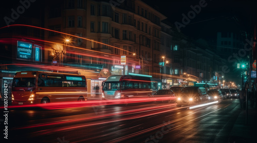 A city at night with long exposure light trails from cars and buses, colorful streaks of red and yellow lights moving across a dark urban street, 