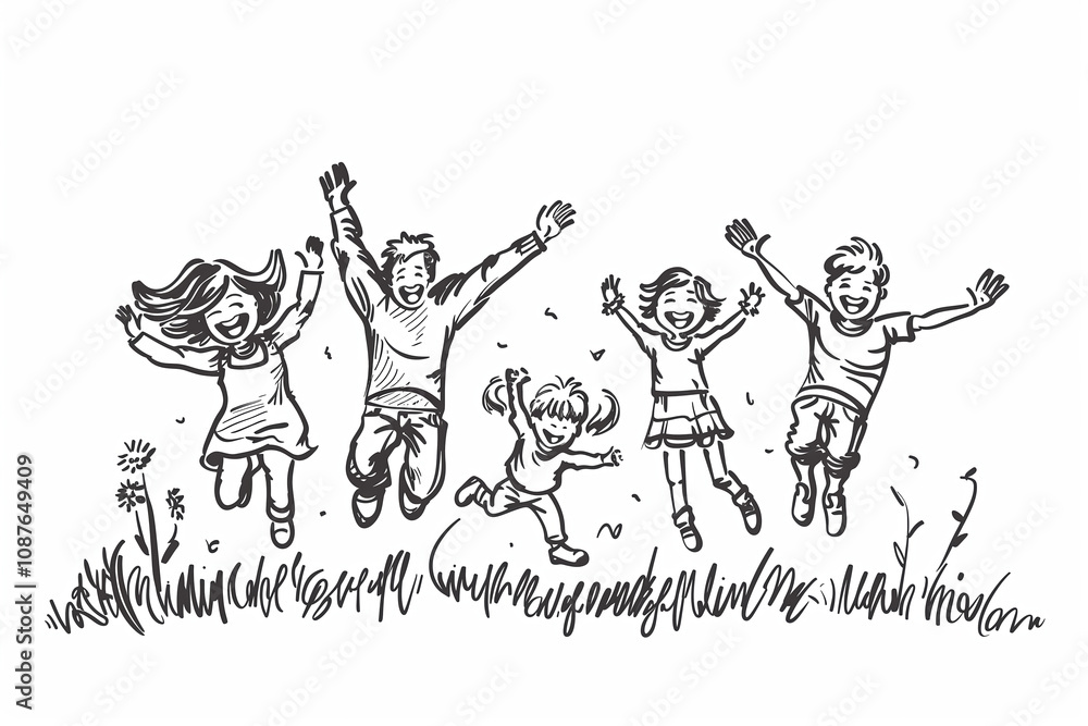 Drawing of a happy family jumping. Drawing of a happy family jumping.