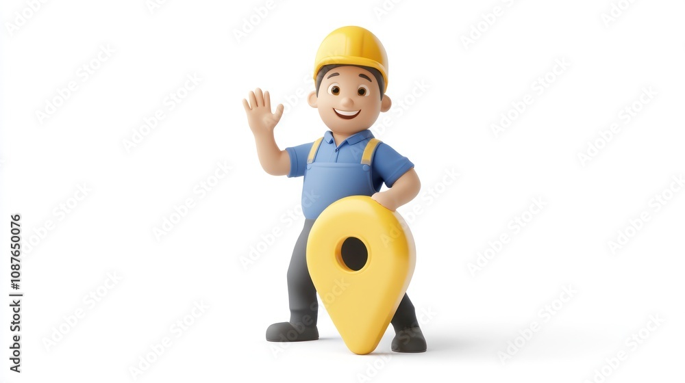 A cheerful construction worker holding a location pin, symbolizing guidance or mapping. A cheerful construction worker holding a location pin, symbolizing guidance or mapping.