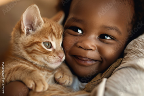 Portrait of little baby boy looking happy at home and cuddling with the family pet.