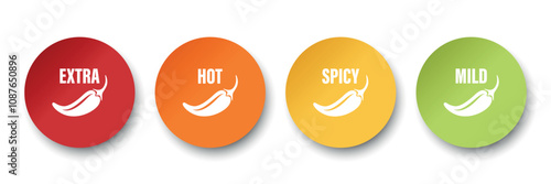 Realistic Vector Colorful Round Stickers with Spicy Chili Pepper Icon. Food Spicy Level. Red, Orange, Yellow, Green Jalapeno Pepper. Strength Scale Stickers, Indicators - Mild, Spicy, Hot, Extra