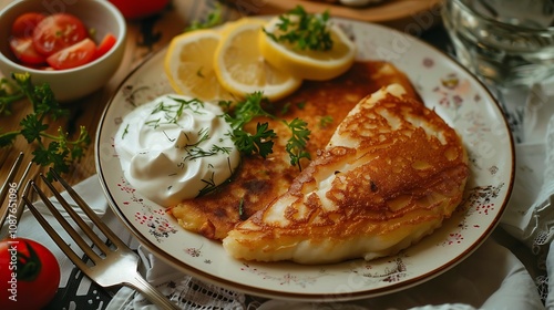 homemade snack fried cod pancake and yogurt