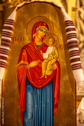 Liturgy commemorating and honoring the victims of the 1932-1933 Holodomor and the Russian-Ukrainian war started in 2014 in the Madeleine basilica, Paris, France. Virgin and child icon