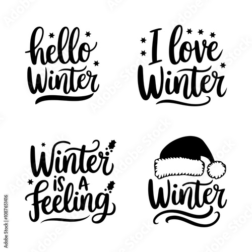 Hello Winter typography vector illustration with snowflake and winter elements for welcoming winter season.