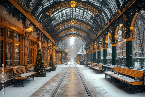 Historic train station interior decorated for holidays