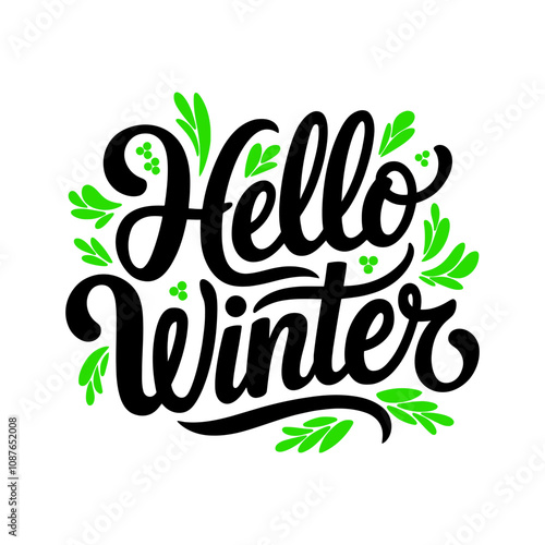 Hello Winter typography vector illustration with snowflake and winter elements for welcoming winter season.