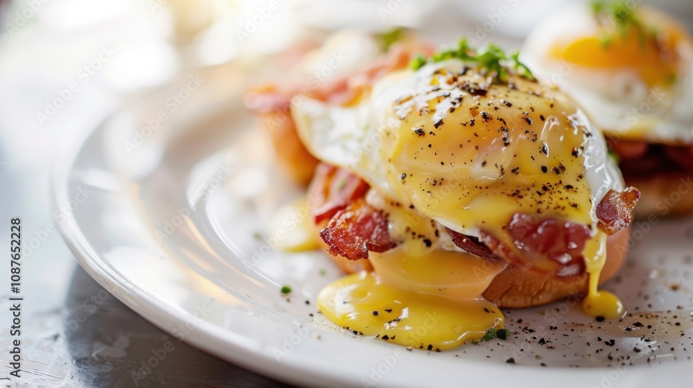 A delectable plate of eggs Benedict served with crispy bacon and hollandaise sauce, Eggs Benedict arranged neatly on a white plate A delectable plate of eggs Benedict served with crispy bacon and hollandaise sauce, Eggs Benedict arranged neatly on a white plate