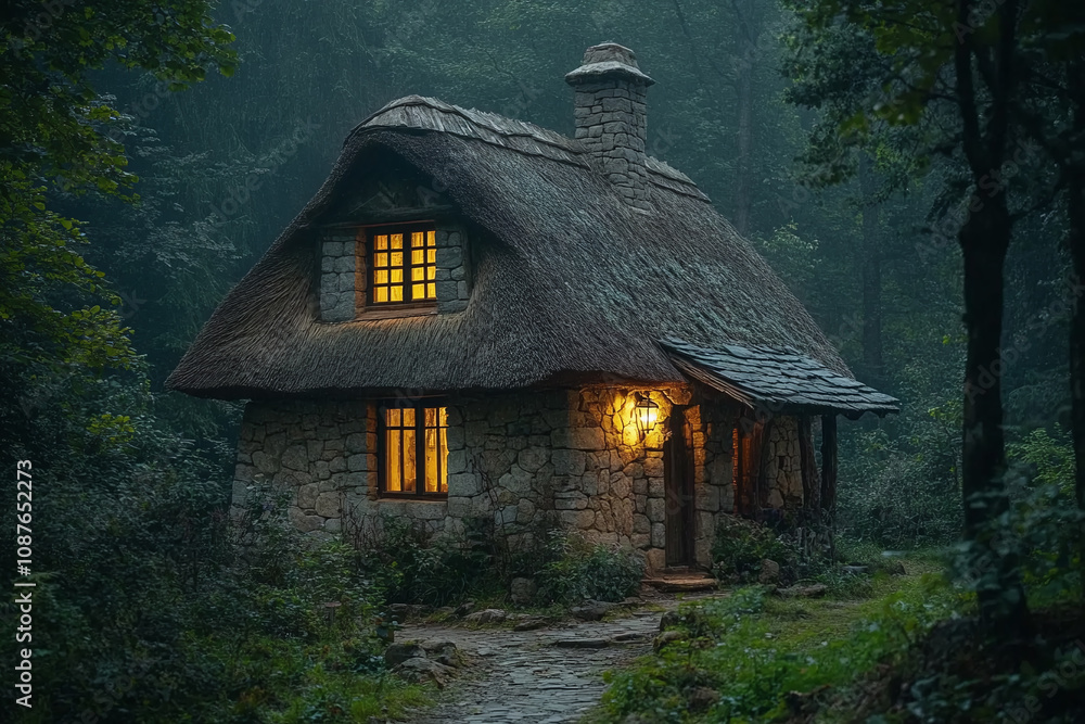 A magical stone house with thatched roof in dark atmospheric forest. A magical stone house with thatched roof in dark atmospheric forest.