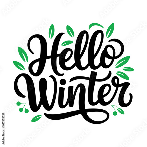 Hello Winter typography vector illustration with snowflake and winter elements for welcoming winter season.
