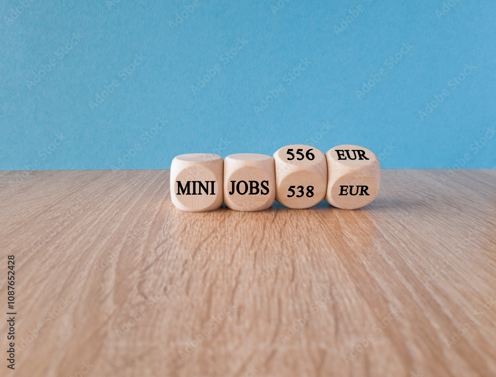 Symbol for the raise of the income limit for tax free 'mini jobs' in Germany from 538 Euro to 556 Euro in 2025 on wooden cubes. Beautiful blue background. Business concept.