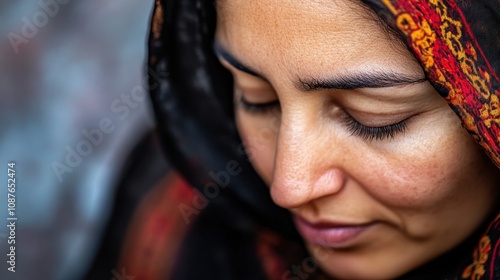 Middle-Eastern woman in prayer, face softly lit, focused on her mukena and mat photo