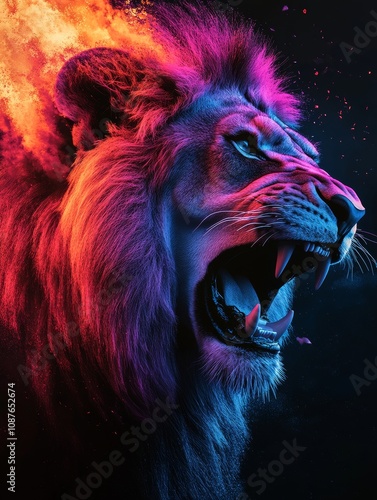 Majestic Lion Roaring in a Vibrant Enchanted Forest, Perfect for Wildlife and Nature Inspired Designs Generative AI photo