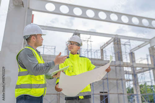 Two Asian engineer working at site of a large building project,Work overtime at construction site,Team of engineer discus at site,The architect, supervisor, and foreman meet to discuss the design