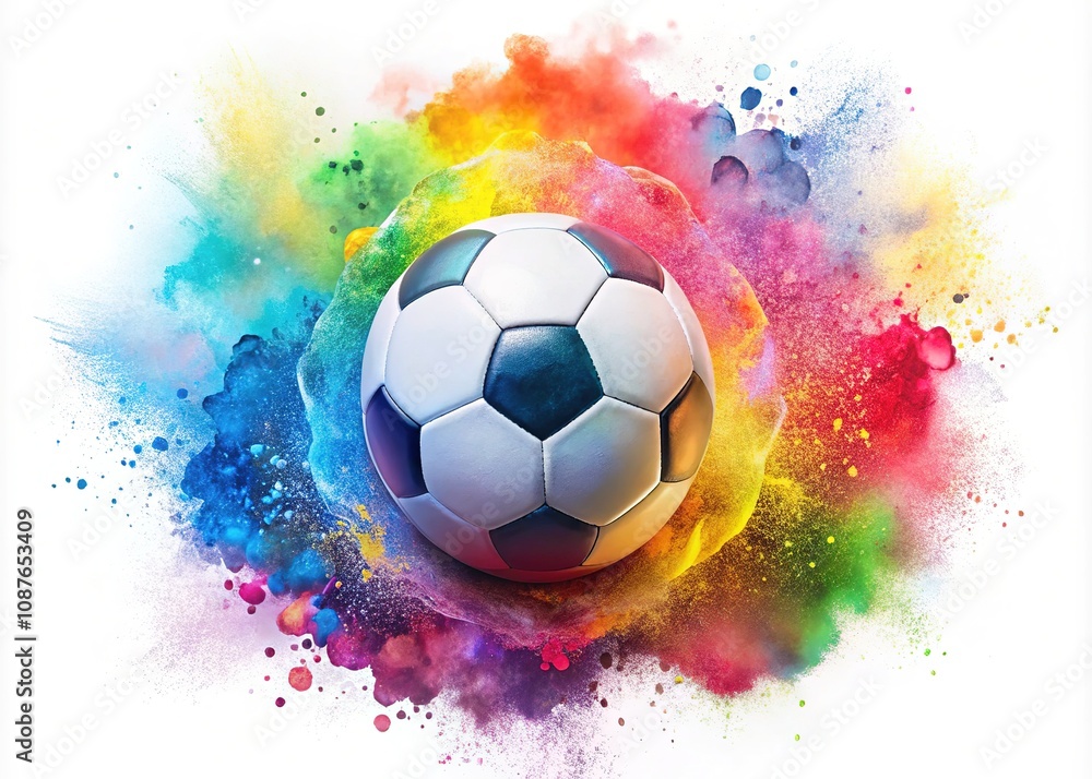 Fototapeta premium Watercolor Soccer Ball, Candid Photo, White Background, Abstract Art, Sports Photography