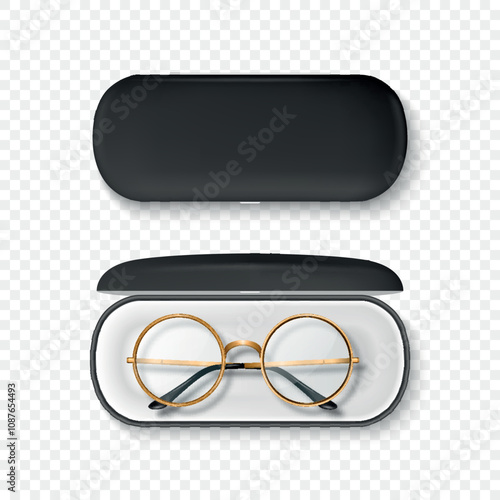 Vector 3D Realistic Metal Frame Glasses and Black Case Set. Round Sunglasses and Case. Vintage Eyeglasses, Case, Top View. Design Template for Optics and Eyewear Branding