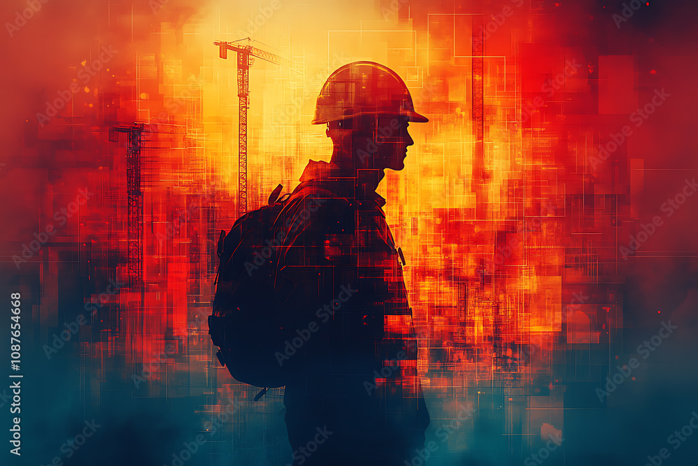 Abstract digital banner with a construction worker silhouette, featuring geometric shapes, cranes, beams, and tools, highlighting energy and hard work in a futuristic design.
Abstract digital banner with a construction worker silhouette, featuring geometric shapes, cranes, beams, and tools, highlighting energy and hard work in a futuristic design.