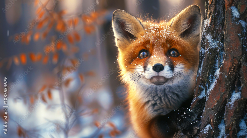 Little red fox cub peeks out from behind tree with eyes wide. Curiosity animal on blurred winter forest background. Little red fox cub peeks out from behind tree with eyes wide. Curiosity animal on blurred winter forest background.