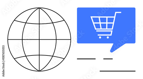 Globe outline beside blue speech bubble with shopping cart icon inside. Three black lines underneath. Ideal for e-commerce, global business, digital marketing, online retail, internet services