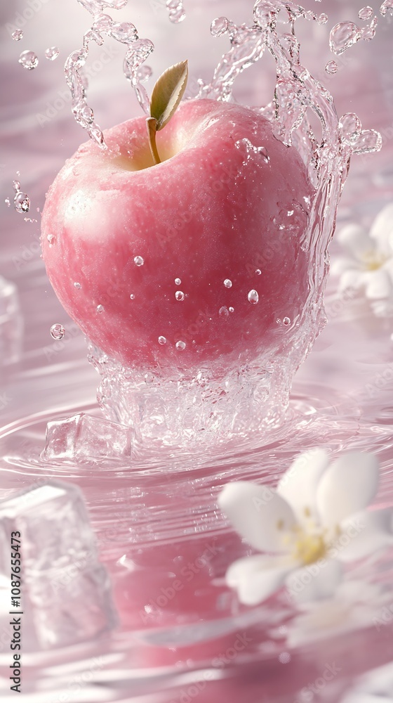 Vibrant Pink Apple in Water Droplets with Ice and White Flowers : Generative AI Vibrant Pink Apple in Water Droplets with Ice and White Flowers : Generative AI