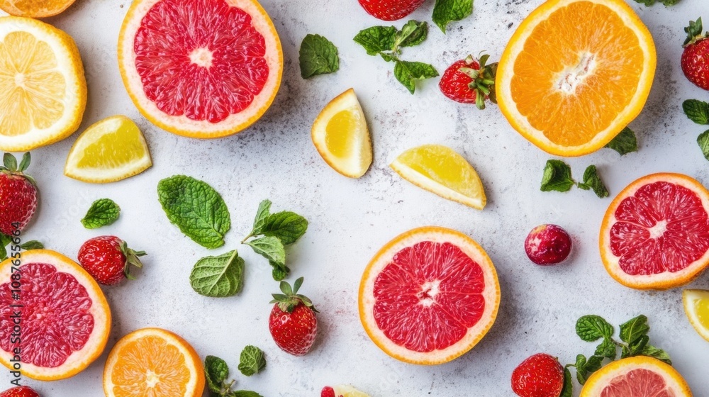A vibrant collection of oranges, lemons, grapefruits, and strawberries is artfully placed on a light background, creating a cheerful and refreshing spring atmosphere ideal for healthy recipes A vibrant collection of oranges, lemons, grapefruits, and strawberries is artfully placed on a light background, creating a cheerful and refreshing spring atmosphere ideal for healthy recipes