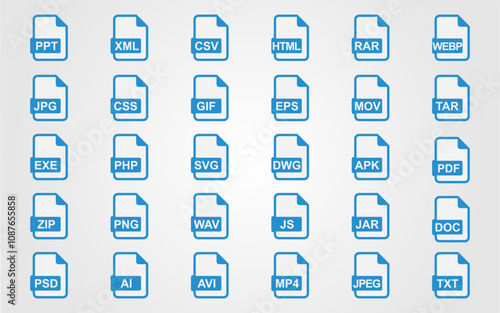 Computer File Icon Stock Illustrations, File format stock image in blue, file format vector icons, editable file format icons