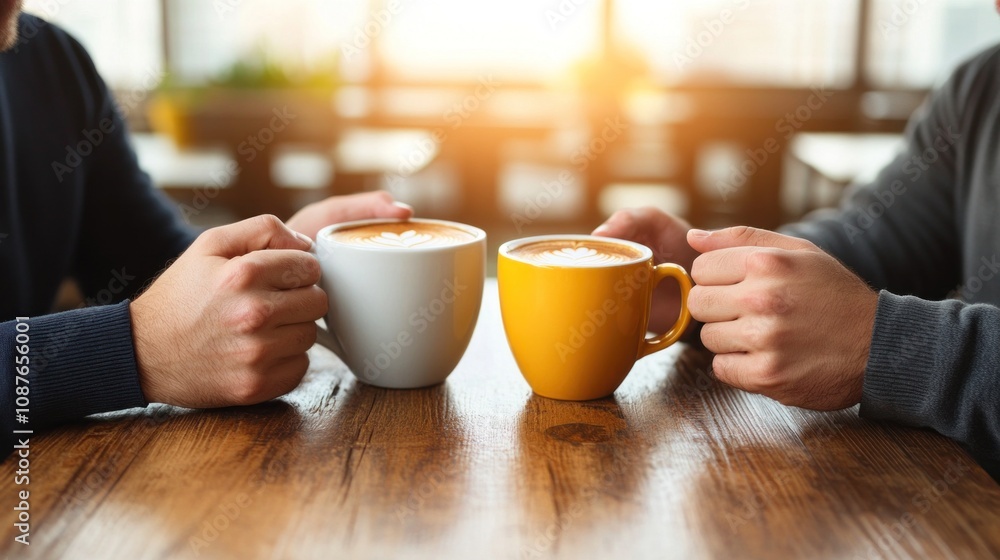 Two individuals are seated at a wooden table in a warm cafe, each holding a steaming mug of coffee. golden light of sunset filters through the windows, creating a cozy atmosphere Two individuals are seated at a wooden table in a warm cafe, each holding a steaming mug of coffee. golden light of sunset filters through the windows, creating a cozy atmosphere