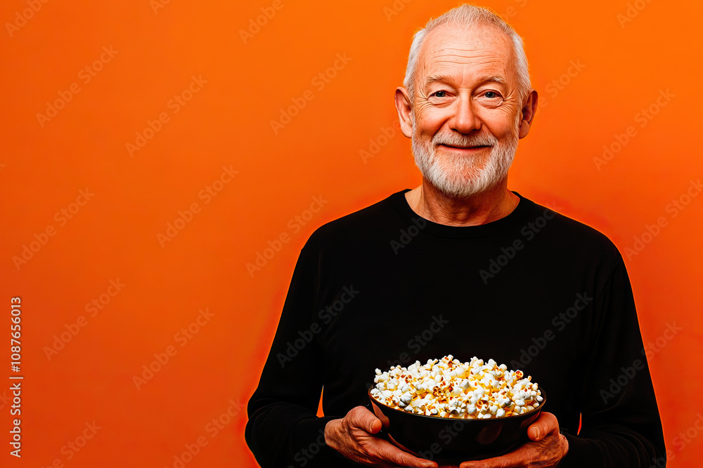 Senior man with popcorn on an orange background Senior man with popcorn on an orange background