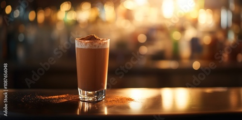 A glass of chocolate drink topped with foam, set against a blurred bar background.