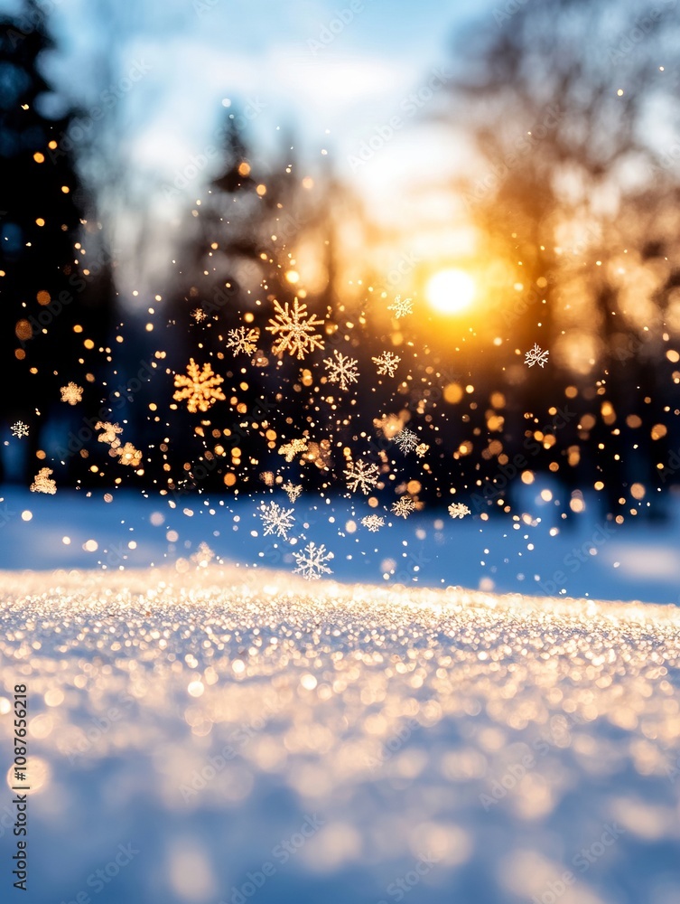 A snow covered field with snowflakes falling from the sky A snow covered field with snowflakes falling from the sky