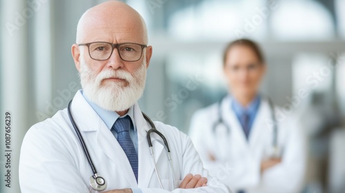 Two doctors, one elderly and one younger, stand in a bright hospital environment focused on patient care. They discuss treatment plans while wearing white lab coats and stethoscopes