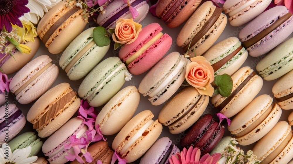 A delectable platter of assorted macarons in flavors like lavender, pistachio A delectable platter of assorted macarons in flavors like lavender, pistachio