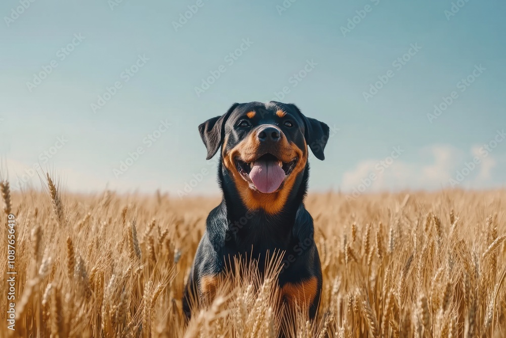 A cheerful Rottweiler stands in a golden wheat field under a clear blue sky. A cheerful Rottweiler stands in a golden wheat field under a clear blue sky.