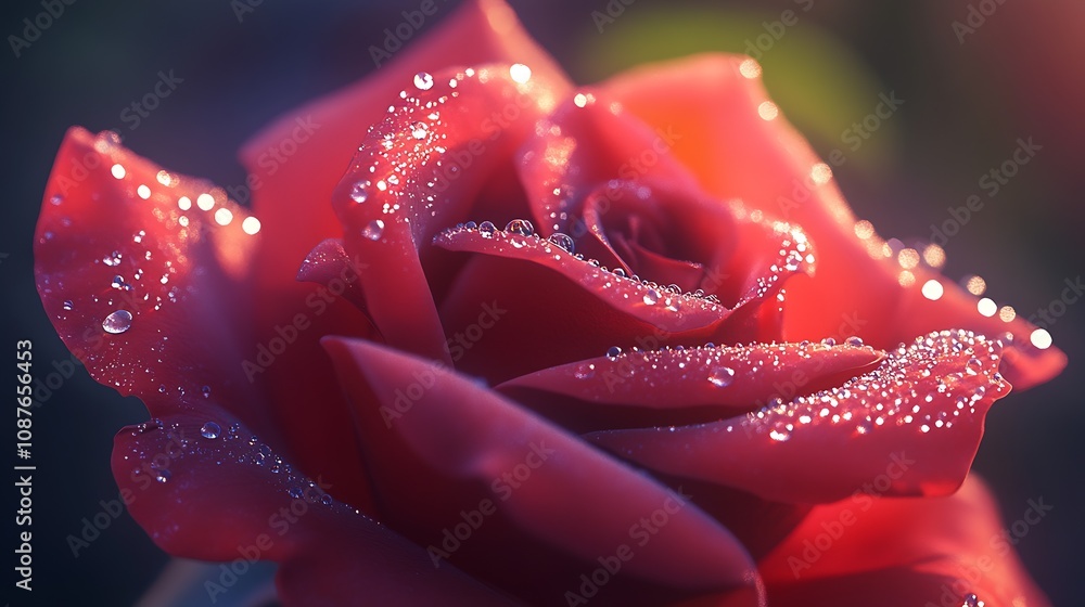 Exquisite Red Rose Petals with Dew Drops Glinting in Morning Light : Generative AI Exquisite Red Rose Petals with Dew Drops Glinting in Morning Light : Generative AI