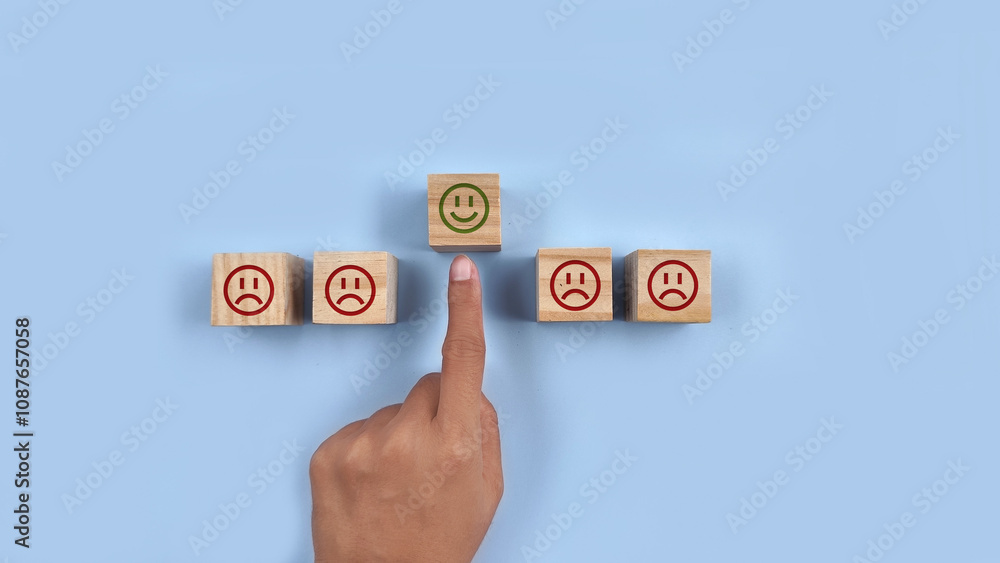 finger pointing at wooden block with the smile icon. customer review, feedback, rate finger pointing at wooden block with the smile icon. customer review, feedback, rate