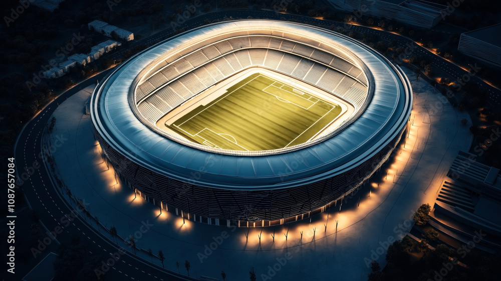 Illuminated modern football stadium with seating and lush green field seen from above at night surrounded by urban landscape and roads