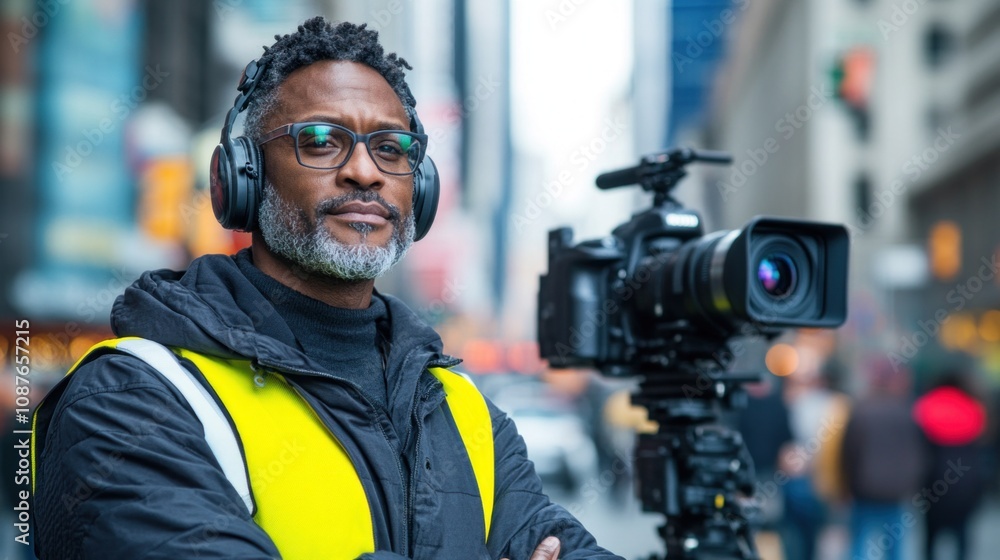skilled videographer stands confidently on a busy city street, equipped with a camera and headphones, capturing the dynamic atmosphere of urban life skilled videographer stands confidently on a busy city street, equipped with a camera and headphones, capturing the dynamic atmosphere of urban life
