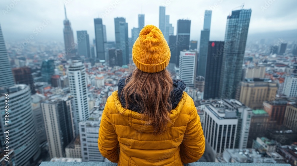 person wearing a bright yellow hat and jacket stands overlooking the sprawling cityscape of Mexico City. skyline features various high-rise buildings against a cloudy sky person wearing a bright yellow hat and jacket stands overlooking the sprawling cityscape of Mexico City. skyline features various high-rise buildings against a cloudy sky